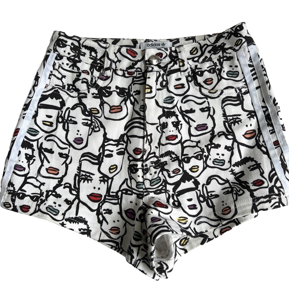 Adidas Fiorucci Short Shorts Womens Size XS White Black All Over Print Faces